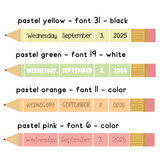 Pastel mini pencil calendar examples in different colors, fonts, and text colors