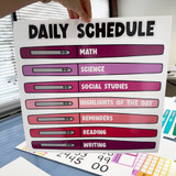 Pink and Purple flair pen Daily Schedule header with subject clings on their backing sheet