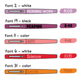 Rainbow flair pen schedule clings showing font and black, white, or coordinating text color choices