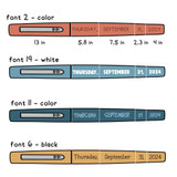 Happy Camper mini flair pen calendar examples with font and text color choices and piece sizes