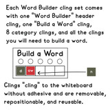 Word Builder set with a header, a Build a Word cling, eight category clings, and letter clings