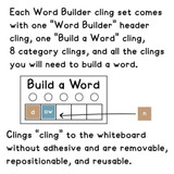 Word Builder set with a header, a Build a Word cling, eight category clings, and letter clings
