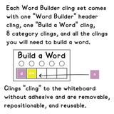 Word Builder set with a header, a Build a Word cling, eight category clings, and letter clings