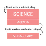 Pink and Purple Science subject header cling with Agenda and Vocabulary subheader clings