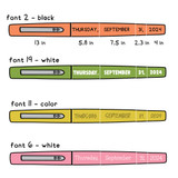 Bright Minds mini flair pen calendar examples with font and text color choices and piece sizes