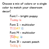 Bright Minds "Today is" cling text color examples in single colors and a multicolor mix