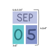 Bright Minds block calendar size guide: 6.5x3.25 inch month cling and 3x5 inch number clings