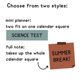 Two planner cling styles: a mini planner label and a full note that fills the calendar square