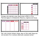 Four whiteboard layouts built with Pink and Purple cling dividers, subject clings, and days of the week clings