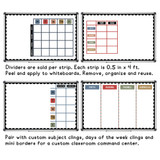 Four whiteboard layouts built with Varsity Stripes cling dividers, subject clings, and days of the week clings