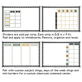 Four whiteboard layouts built with Modern Terrazzo cling dividers, subject clings, and days of the week clings