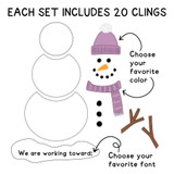 What's in the Pink and Purple Build-a-Snowman set: 20 clings, including the hat, scarf, and goal base