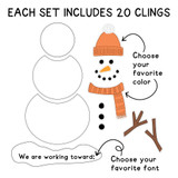 What's in the Retro Brights Build-a-Snowman set: 20 clings, including the hat, scarf, and goal base