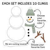 What's in the Modern Terrazzo Build-a-Snowman set: 20 clings, including the hat, scarf, and goal base