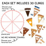 What's in the Pastel Piece-of-Pie set: 30 clings, including the pie plate, slices, and toppings