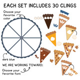 What's in the Varsity Stripes Piece-of-Pie set: 30 clings, including the pie plate, slices, and toppings