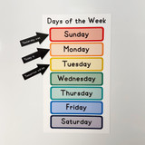 Reimagines Ready days of the week whiteboard clings and arrows held up to show the reusable static cling