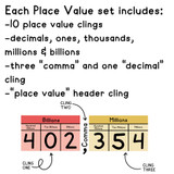 What's in the Reimagines Ready place value set: place value clings, comma and decimal clings, and a header