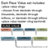 What's in the Happy Camper place value labels set: place value clings, comma and decimal clings, and a header