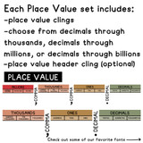 What's in the Varsity Stripes place value labels set: place value clings, comma and decimal clings, and a header
