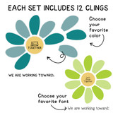 What's in the Blue and Green Let's Grow Together set: 10 petals, a center cling, and a goal cling