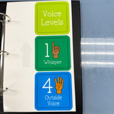 Set of 7 colorful whiteboard clings showing hand signals for classroom voice levels 0 to 4 with a movable black arrow indicator.