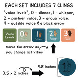Comparison of round and square classroom voice level clings featuring outlined and filled-in hand icons in blue and green colors.