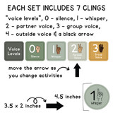 Modern Terrazzo voice level set: header, levels 0 to 4 with hand signals, and a movable arrow; clings are 4.5 inches