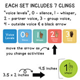 Comparison of round and square classroom voice level clings featuring outlined and filled-in hand icons in blue and green colors.