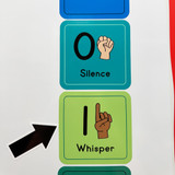 Comparison of round and square classroom voice level clings featuring outlined and filled-in hand icons in blue and green colors.