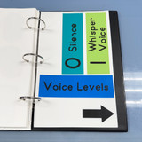 Reimagines Ready minimalist text voice level whiteboard clings stored on a Binder Ready sheet in a three-ring binder