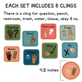 Tropical Botanical hand signal set: question, pencil, restroom, trash, water, tissue, okay, and no, each 4.5 inches