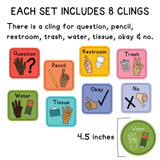 Bright Minds hand signal set: question, pencil, restroom, trash, water, tissue, okay, and no, each 4.5 inches