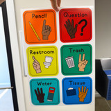 rainbow whiteboard clings showing hand signals for classroom management