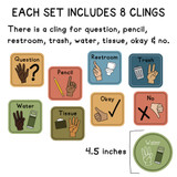 Happy Camper hand signal set: question, pencil, restroom, trash, water, tissue, okay, and no, each 4.5 inches