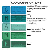 blue and green CHAMPS whiteboard display