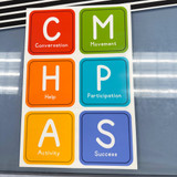 Six square Bright Minds CHAMPS letter clings on their backing sheet