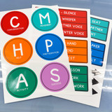 Round Rainbow CHAMPS letter clings with expectation option clings on their backing sheets