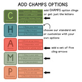 Tropical Botanical CHAMPS letters with optional conversation, help, activity, movement, and participation clings