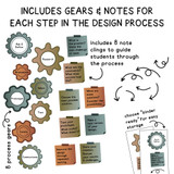 Earth Tones STEM set: eight gears, eight prompt notes, and seven arrows for the engineering design process