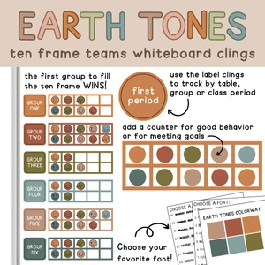 Earth Tones Ten Frame Teams behavior clings tracking points for six groups on a whiteboard