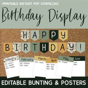 Modern Terrazzo classroom birthday display with Happy Birthday bunting and monthly posters on cork