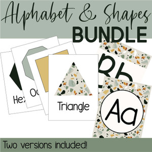 Modern Terrazzo printable alphabet and shapes poster bundle with two versions of each
