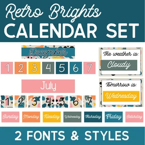 Retro Brights printable classroom calendar set with month headers, date cards, and weather overlay