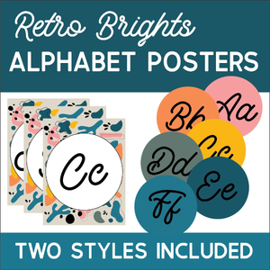 Retro Brights printable cursive alphabet posters in two styles