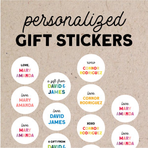Round white gift stickers with multicolored names