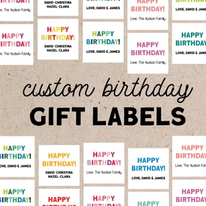 Custom Happy Birthday gift labels with family and kids' names