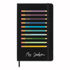 Black What Makes a Teacher Notebook with colored pencils and a script teacher name