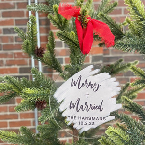Merry and Married acrylic ornament with a last name and wedding date