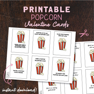 Printable popcorn Valentine cards with six designs on a sheet